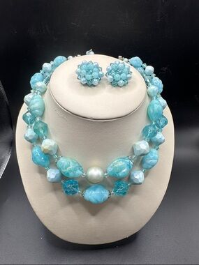Germany Aqua Blue Beaded Double-Strand Necklace and Clip-On Earrings 15 inches